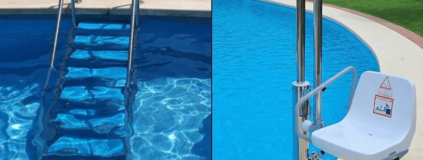 Accesibilidad en piscinas : escalera de poeldaños anchos de acero inoxidable - elevador hidráhulico